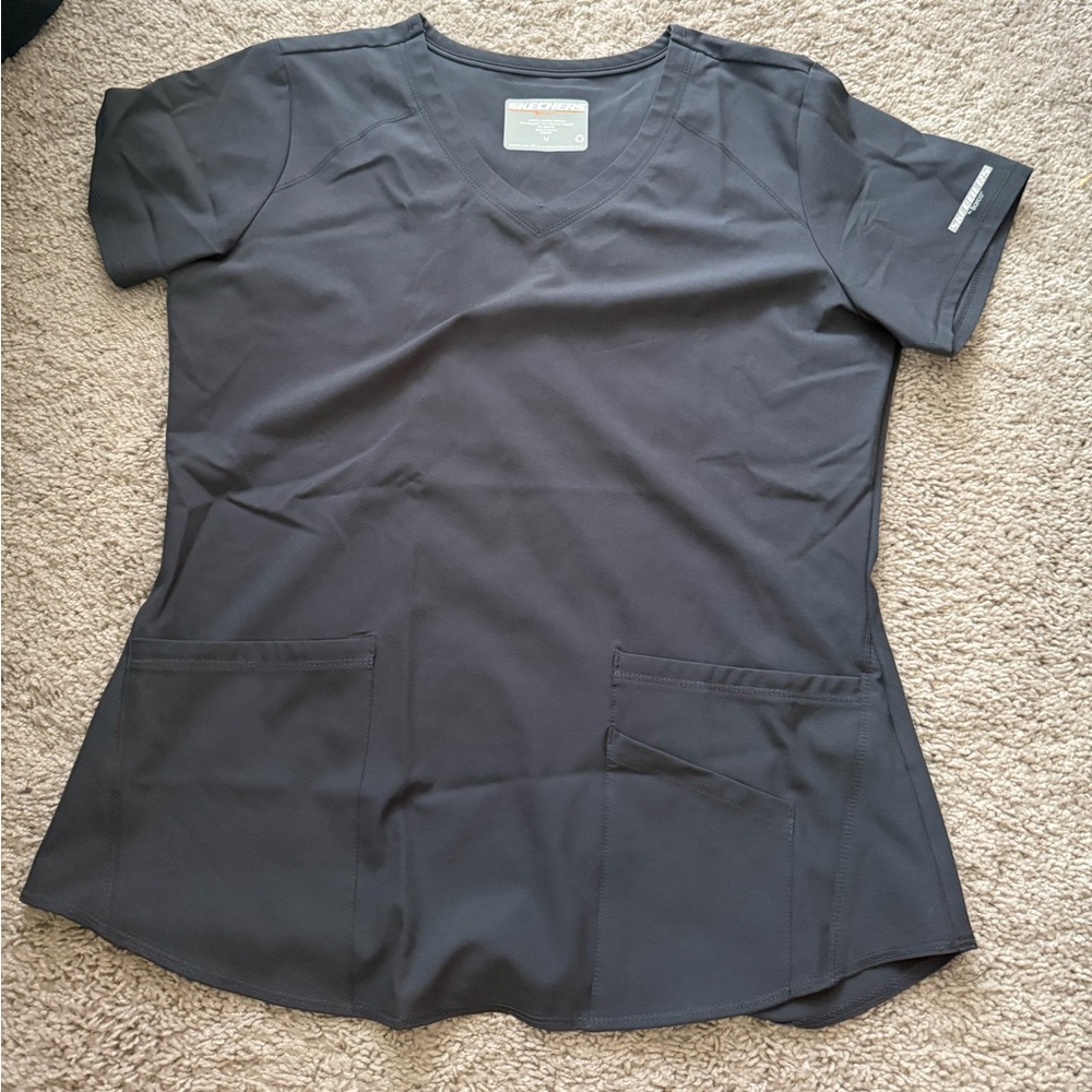 Skechers Black V-Neck Short Sleeve Scrub Top with Pockets